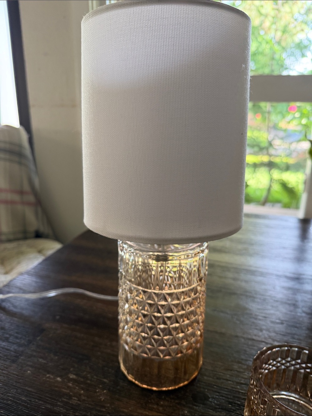 Tahari Clear Glass Textured Table Lamp with White Shade